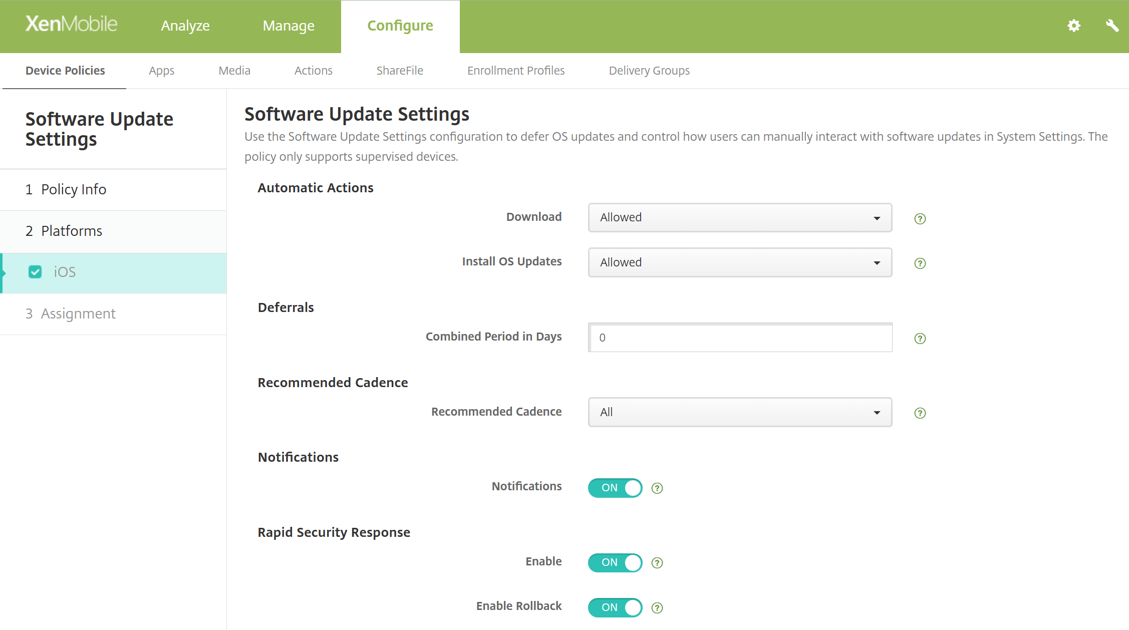 Software Update Settings device policy 